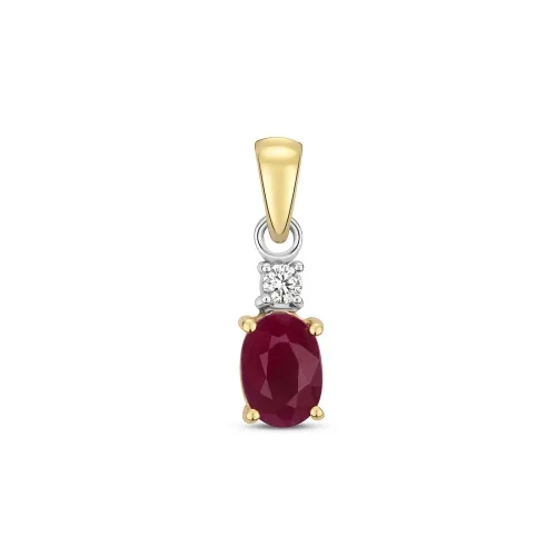 Diamond and 6X4mm Ruby Oval Pendant - 9ct Gold
